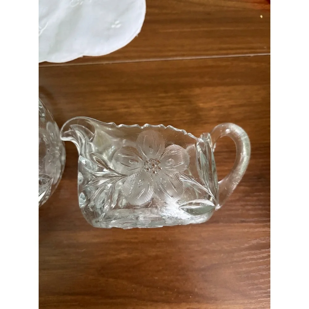 American Brilliant Period Style Cut Glass Creamer and Sugar Set, Vintage Crystal